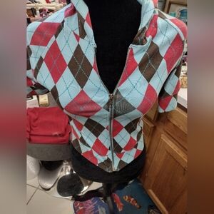 Argyle Zip-Up Hoodie in Red and Blue Short Sleeves/ Vintage New Era Couture/XL